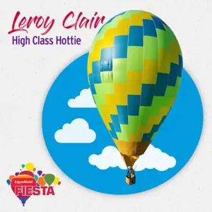 A colorful hot air balloon floats against a cartoonish cloudy sky, promoting the ExxonMobil Fiesta with vibrant graphics and bold text.