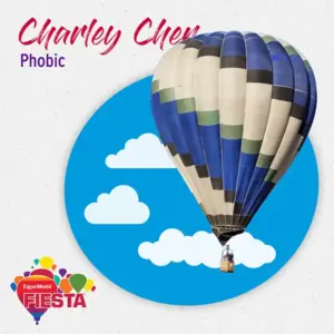 Hot air balloon with blue and beige panels floats against a sky with clouds. Text includes