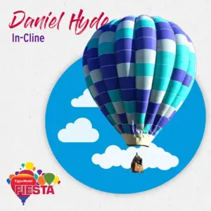 A colorful hot air balloon floats against a blue sky illustration with white clouds. The bottom left shows