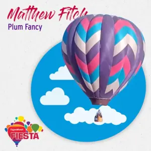 A vibrant hot air balloon with zigzag pattern soars amid clouds, featured in an artistic promotional image for ExxonMobil Fiesta event.