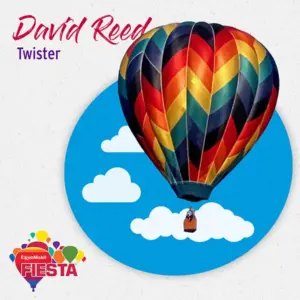 A colorful hot air balloon with a geometric pattern floats against a sky backdrop. Text says