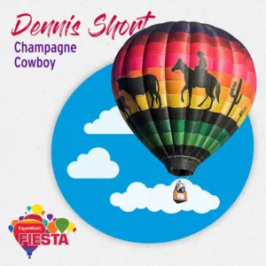 A colorful hot air balloon with cowboy silhouettes and a person in the basket. Blue sky background with clouds and balloon festival logo.