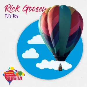 Colorful hot air balloon against a cartoon sky backdrop, with text