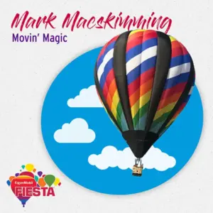 A colorful hot air balloon floats against a blue sky backdrop with clouds, promoting the ExxonMobil Fiesta event featuring Mark Macskimming.