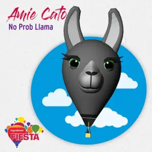 A cartoon llama-shaped hot air balloon against a blue sky with clouds, part of the ExxonMobil Fiesta advertising.