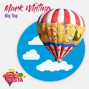 Hot air balloon with circus theme, featuring animals and performer. Background shows clouds. Text reads