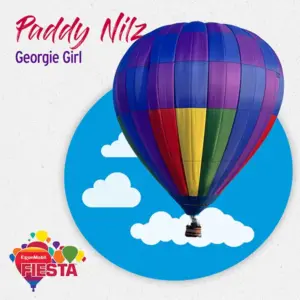 A colorful hot air balloon against a blue sky with clouds. Text reads “Paddy Nilz Georgie Girl” and “ExxonMobil Fiesta.”