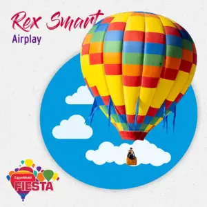 A colorful hot air balloon with a person inside floats over cartoon clouds. Text reads
