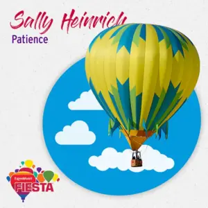 Colorful hot air balloon with a person inside, set against a cartoon sky background. Logos and text include