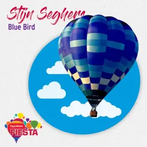 Blue and purple hot air balloon floating against a cartoon sky with clouds, featuring colorful