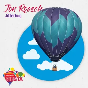 Illustration of a patterned hot air balloon against a cloudy blue circle. Text: