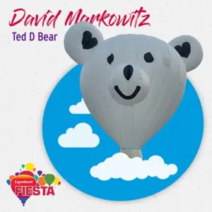 A teddy bear-shaped hot air balloon floats against a blue sky with clouds. Text reads