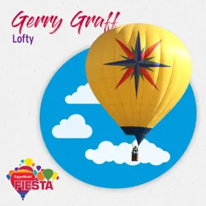 A vibrant yellow hot air balloon with a compass-like design floats amid clouds, promoting the ExxonMobil Fiesta event.