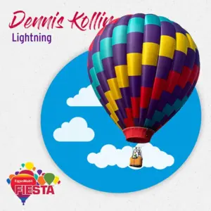 A colorful hot air balloon with a person in the basket floats against a circular sky backdrop featuring clouds.