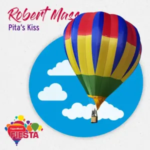 Colorful hot air balloon against a blue sky with clouds, featuring Fiesta event branding. Text includes