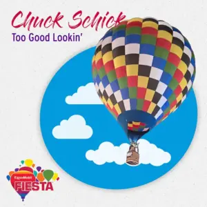 A multicolored hot air balloon with a basket flies against a blue sky with clouds. ExxonMobil Fiesta logo is visible.