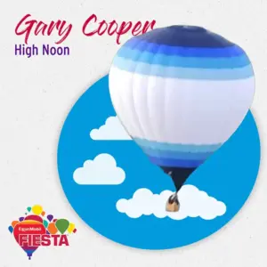 A blue and white hot air balloon floats over a cartoon sky. Text reads