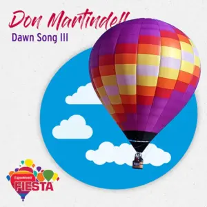 A multicolored hot air balloon floats against a circular blue sky background. Text reads