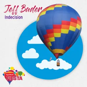 A colorful hot air balloon against a cloud-themed backdrop, with