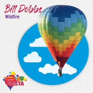 A colorful hot air balloon with a person inside against a cloud backdrop, promoting the ExxonMobil Fiesta event.