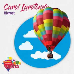 A colorful hot air balloon soars against a blue-sky circle with clouds, promoting the ExxonMobil Fiesta. Text: