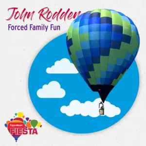 An illustrated hot air balloon, promotional text, and a Fiesta logo. Bright blue sky background with clouds accentuate the festive theme.