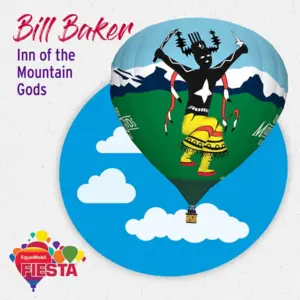 Colorful hot air balloon with Indigenous-inspired design floats against a cloudy sky.