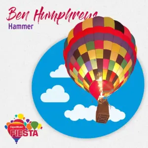 Colorful hot air balloon is ascending against a blue sky with clouds. Text and logos suggest an event named