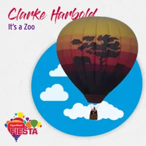 A hot air balloon features silhouettes of trees and animals, promoting the Albuquerque International Balloon Fiesta by ExxonMobil, with a playful