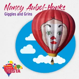 A hot air balloon designed with a clown face floats against a blue sky with clouds. Text at the top includes a name and event.