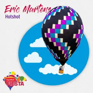 A colorful hot air balloon floats against a blue circle with clouds, promoting the