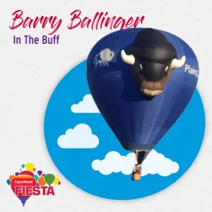 A blue hot air balloon with a buffalo design floats against a sky backdrop, promoting the Fiesta event sponsored by ExxonMobil.