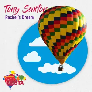 A colorful hot air balloon floats beneath light clouds, promoting ExxonMobil Fiesta. Text reads