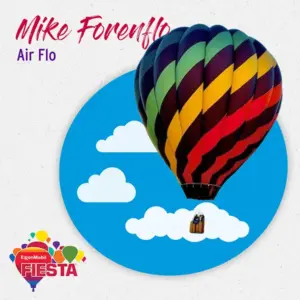 A colorful hot air balloon floats with people inside against a blue sky with clouds. Logo reads