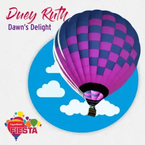 A vibrant pink-and-blue hot air balloon against a blue sky background, promoting the ExxonMobil Fiesta event with colorful logos and text.