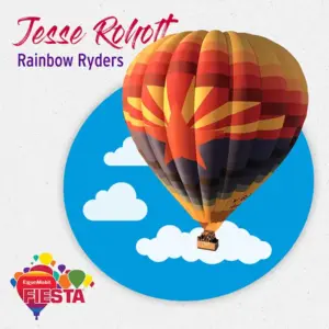 A hot air balloon with a star design floats against a blue sky and clouds.