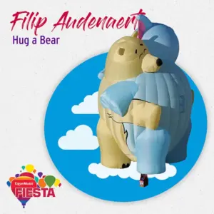 Two large bear-shaped hot air balloons hugging, with colorful graphics and the text