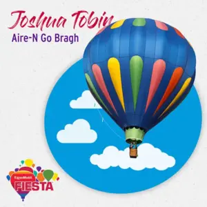 A colorful hot air balloon floats against a bright blue sky with white clouds. Event details and logo are displayed alongside.