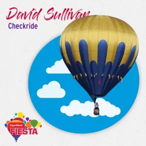 A vibrant hot air balloon flies against a blue sky with clouds. Text reads