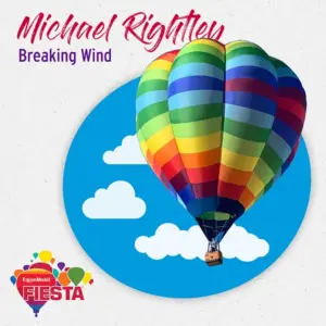 A vibrant rainbow hot air balloon floats in a blue sky with clouds, promoting the ExxonMobil Fiesta event featuring Michael Rigtley.