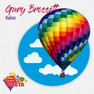 A colorful hot air balloon with a checkered pattern against a blue sky background, featuring clouds and