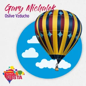 A colorful hot air balloon soars against a blue sky backdrop with clouds, part of an ExxonMobil Fiesta promotional design.