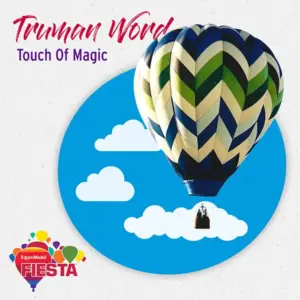 A colorful hot air balloon floats against a blue circular background with white clouds. Text reads