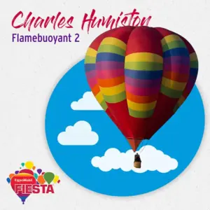 A colorful hot air balloon with a person inside, against a blue sky; branding for ExxonMobil Fiesta and names included.