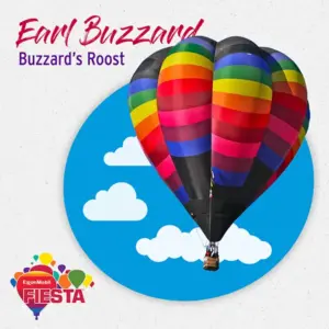 A colorful hot air balloon with a striped pattern floats against a blue sky with clouds, promoting the ExxonMobil Fiesta event.