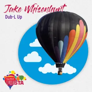 A colorful hot air balloon with a black background is featured against a blue sky with clouds. Fiesta logo is in the corner.