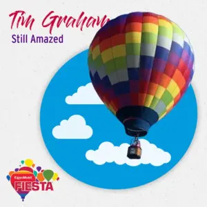 Colorful hot air balloon against cartoon clouds and blue circle. Text says