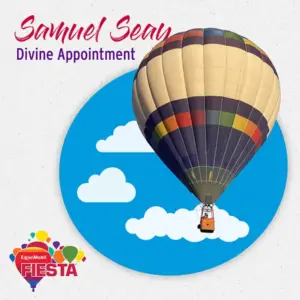 A colorful hot air balloon floats in a blue sky with clouds illustration, featuring