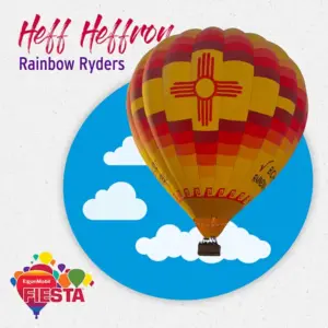 A colorful hot air balloon with a red symbol flies in the sky.