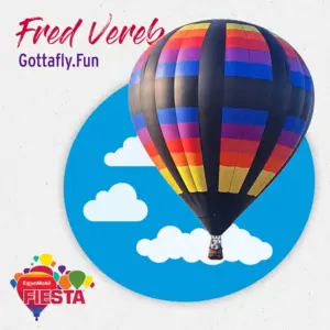 A colorful hot air balloon floats against a blue sky with clouds, featuring text: